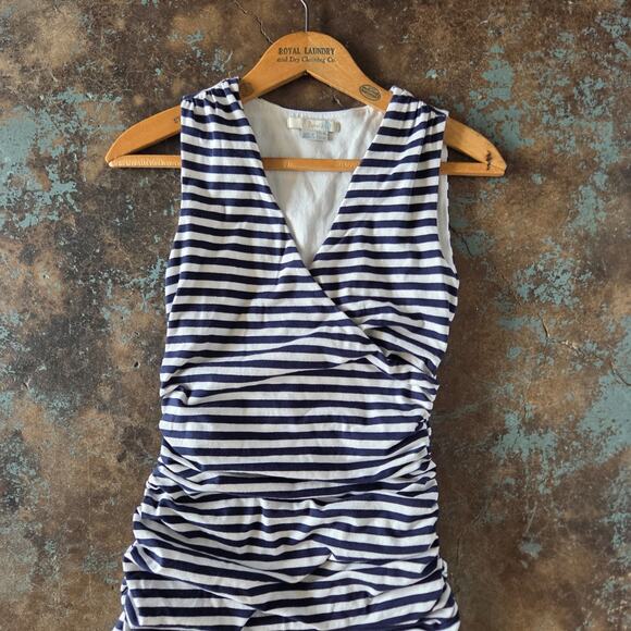 Boden Breton Striped V Neck Sheath Dress Size 4 Ruched White Blue Fitted Stretch - Picture 2 of 6